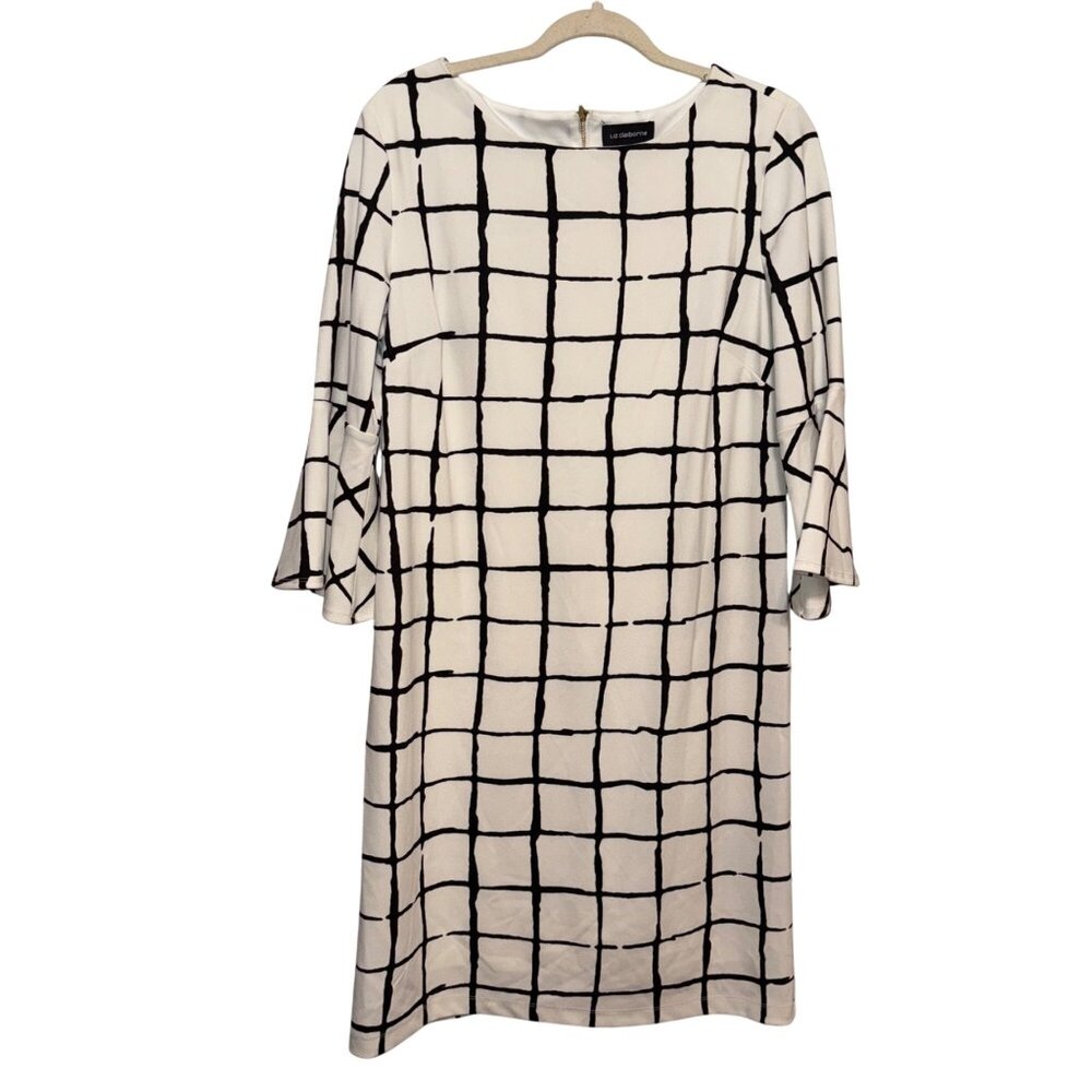 Liz Claiborne Cream and Black Grid Long Sleeve Dress